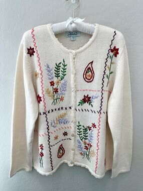 HABAND Vintage 90s Cream Floral Embroidered Cardigan Cottagecore Sweater Large